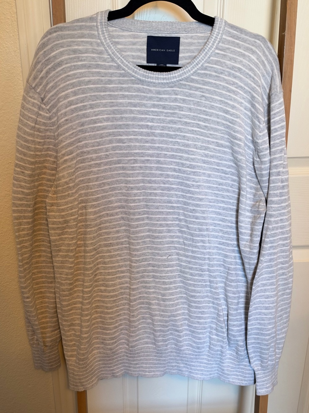 American Eagle Outfitters Light Gray and White Striped Crewneck Sweater